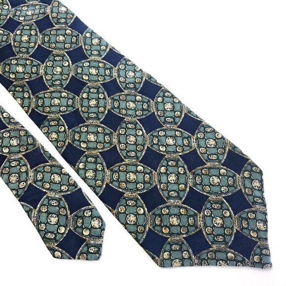 Guy Laroche Green‎ Blue Abstract Geometric Print Short Wide Silk Tie - Picture 1 of 6
